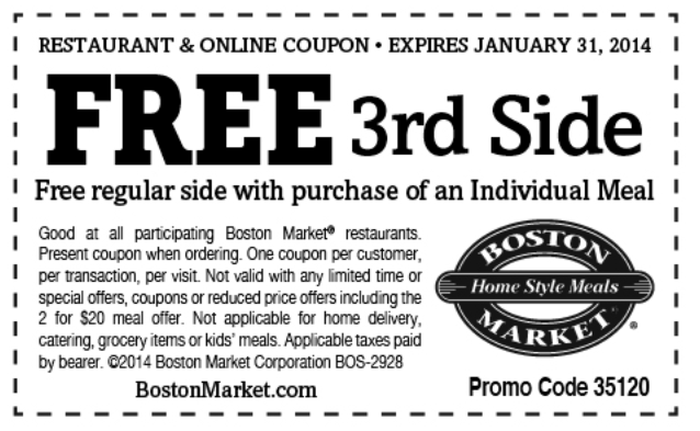 Boston Market: Free 3rd Side Printable Coupon