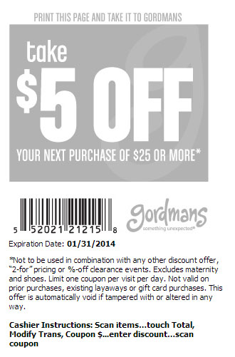 Gordmans: $5 off $25 Printable Coupon