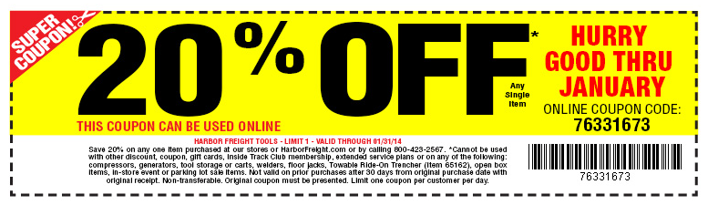 Harbor Freight Tools: 20% off Item Printable Coupon