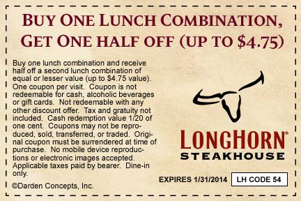 Longhorn Steakhouse: BOGO Half Off Lunch Printable Coupon