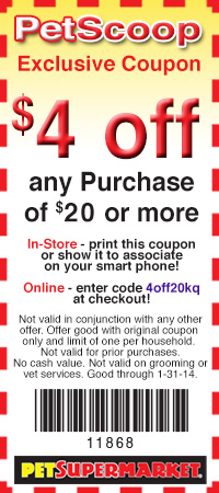 Pet Supermarket: $4 off $20 Printable Coupon