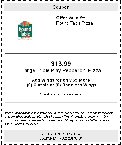 Round Table Pizza: $13.99 Pepperoni Pizza Printable Coupon
