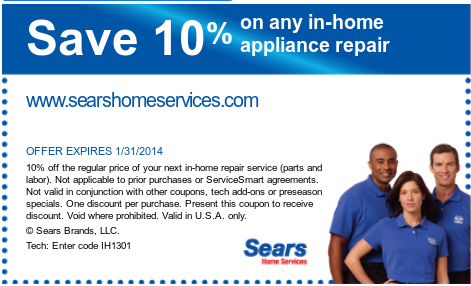Sears: 10% off Appliance Repair Printable Coupon