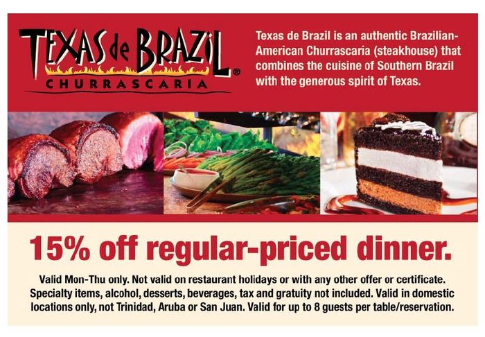 Texas de Brazil: 15% off Dinner Printable Coupon