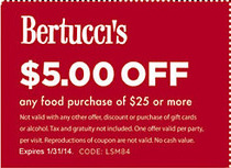 Bertuccis: $5 off $25 Printable Coupon