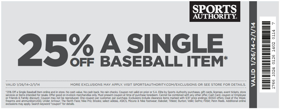 Sports Authority: 25% off Baseball Item Printable Coupon