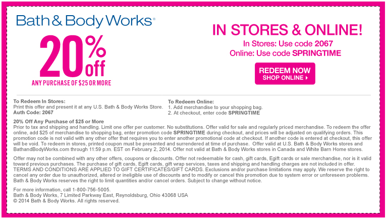 Bath & Body Works: 20% off $25 Printable Coupon