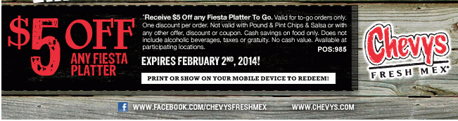 Chevys Fresh Mex: $5 off Fiesta Platter Printable Coupon