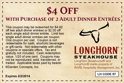 Longhorn Steakhouse: $4 off Dinner Entrees Printable Coupon