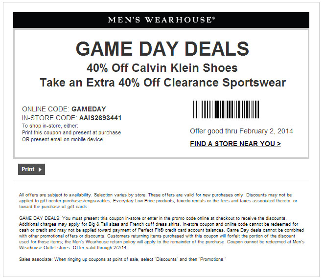 Mens Wearhouse: 40% off Shoes & Sportswear Printable Coupon
