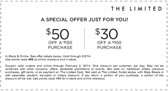 The Limited: $30-$50 off Printable Coupon