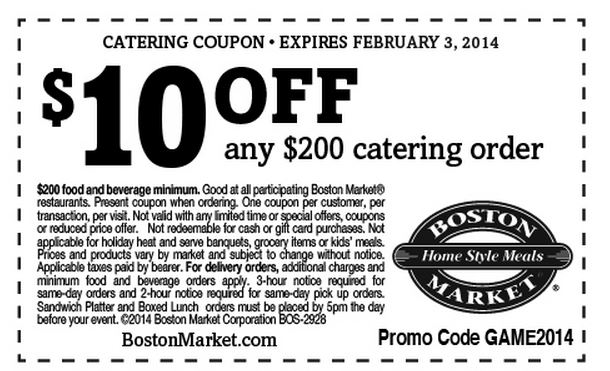 Boston Market: $10 off $200 Catering Printable Coupon