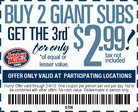 Jersey Mike's Subs: B2G1 $2.99 Sub Printable Coupon