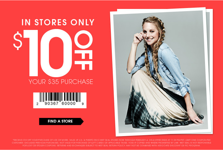 Wet Seal: $10 off $35 Printable Coupon