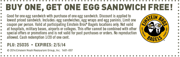 Einstein Bros Bagels: BOGO Free Egg Sandwich Printable Coupon