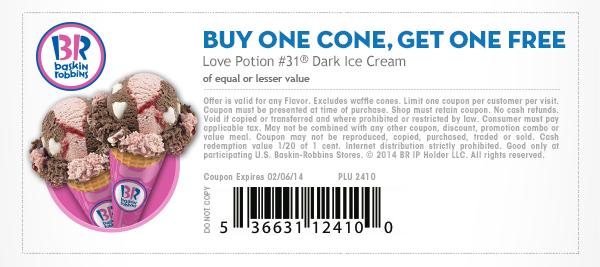 Baskin Robbins: BOGO Free Cone Printable Coupon