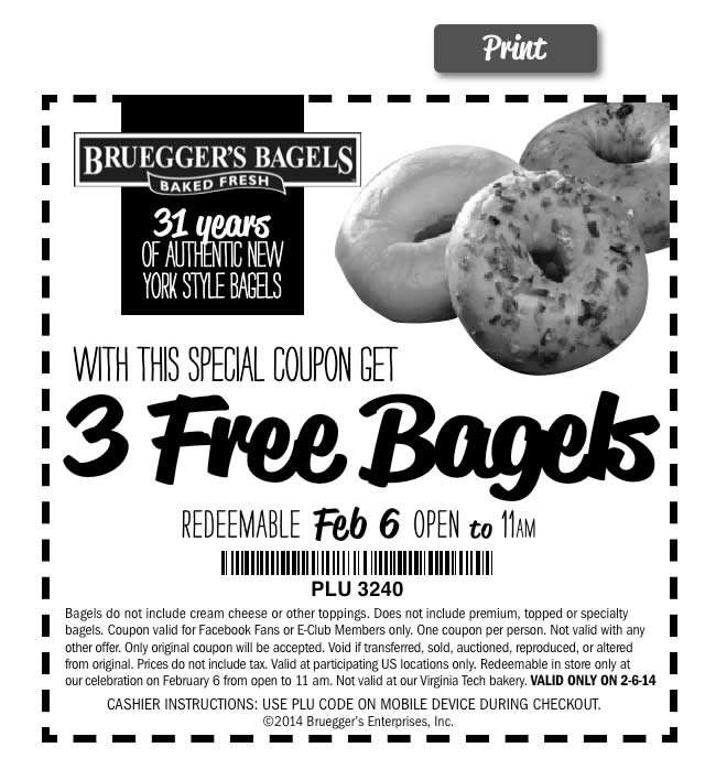 Bruegger's Bagels: 3 Free Bagels Printable Coupon
