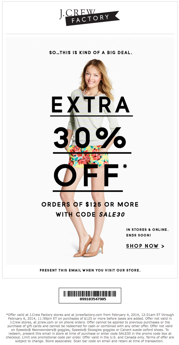J.Crew Factory Stores: 30% off Printable Coupon