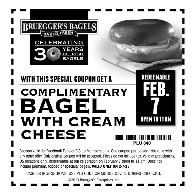 Bruegger's Bagels: Complimentary Bagel Printable Coupon