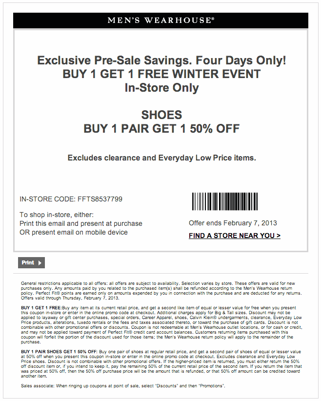 Mens Wearhouse: BOGO 50% off Shoes Printable Coupon