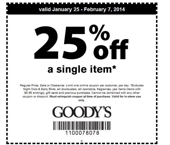 Goodys: 25% off Printable Coupon