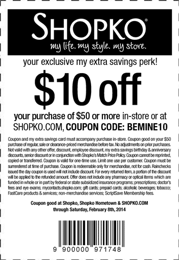 Shopko: $10 off $50 Printable Coupon