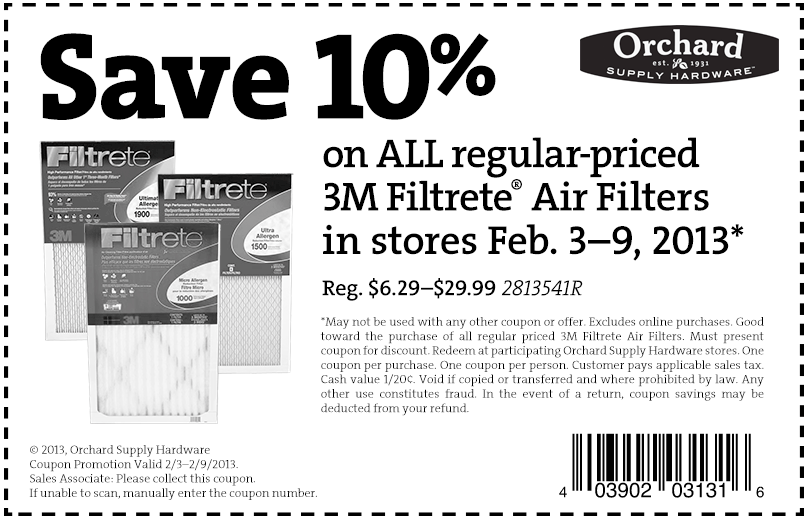Orchard Supply Hardware: 10% off 3M Air Filters Printable Coupon
