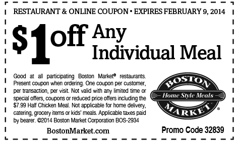 Boston Market: $1 off Individual Meal Printable Coupon