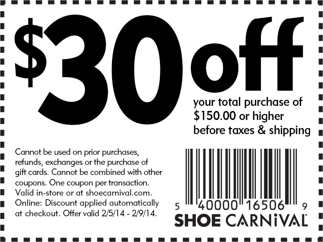 Shoe Carnival: $30 off $150 Printable Coupon