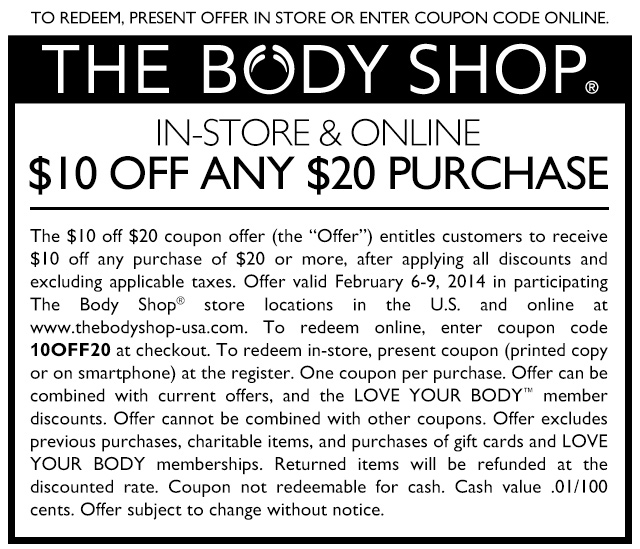 The Body Shop: $10 off $20 Printable Coupon