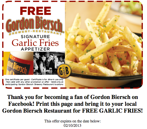 Gordon Biersch: Free Signature Fries Printable Coupon