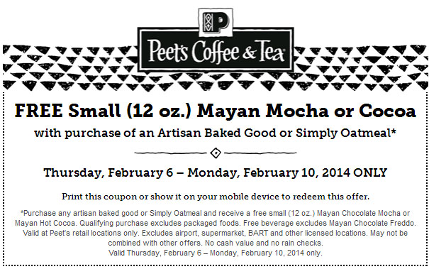 Peet's Coffee & Tea: Free Small Cocoa Printable Coupon