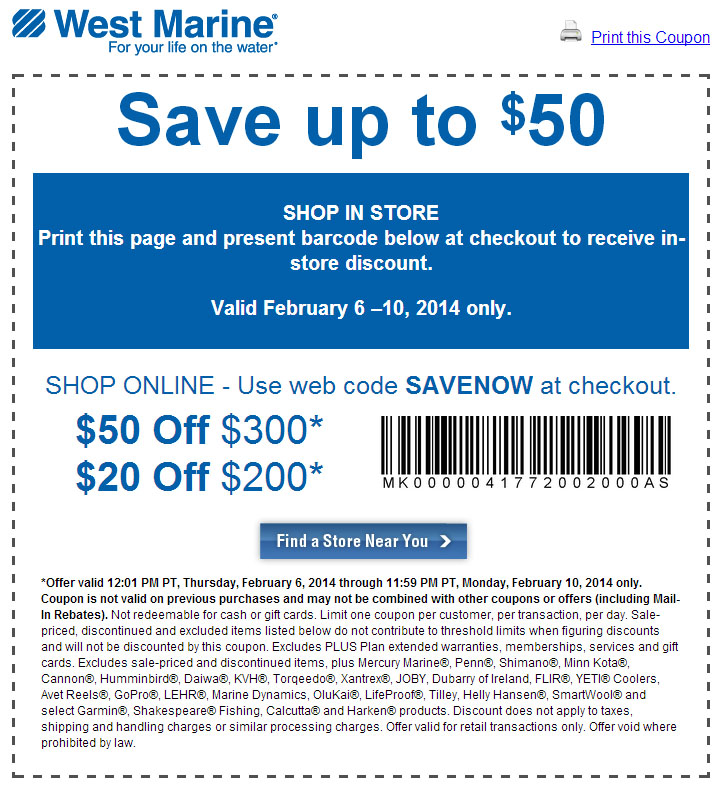 West Marine: $20-$50 off Printable Coupon