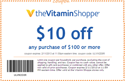 Vitamin Shoppe: $10 off $100 Printable Coupon
