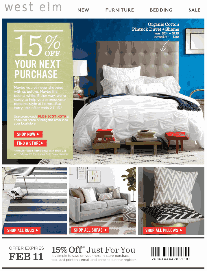 West Elm: 15% off Printable Coupon