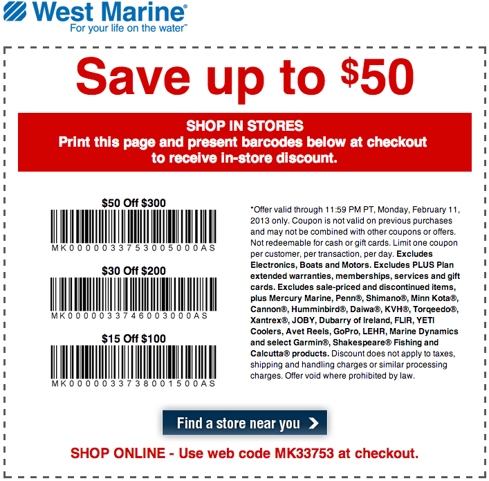 West Marine: $15-$50 off Printable Coupon