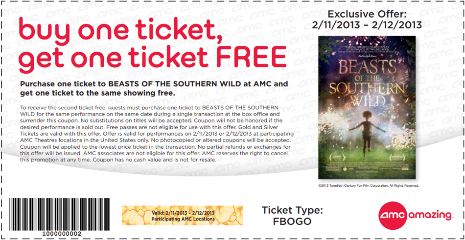 AMC Theaters: BOGO Free Ticket Printable Coupon
