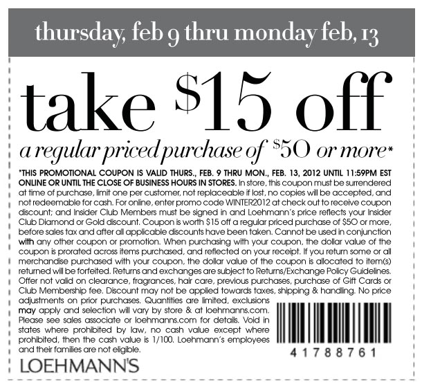Loehmanns: $15 off $50 Printable Coupon