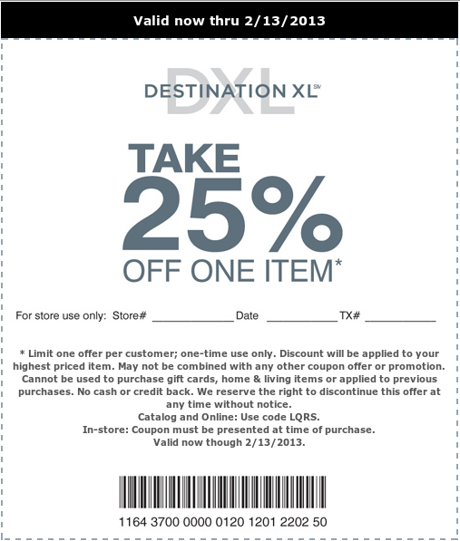 Destination XL: 25% off Printable Coupon