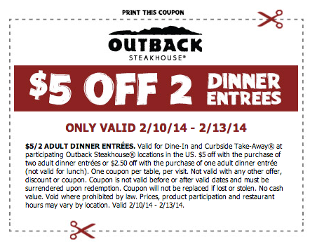 Outback Steakhouse Promo Coupon Codes and Printable Coupons