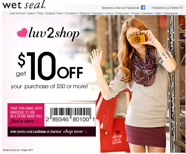 Wet Seal: $10 off $50 Printable Coupon