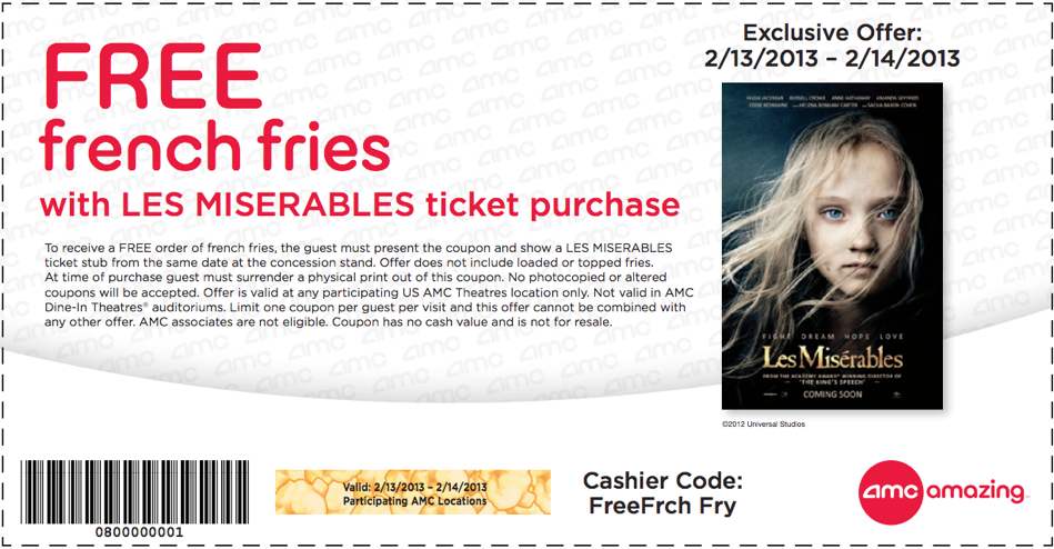 AMC Theaters: Free Fries Printable Coupon