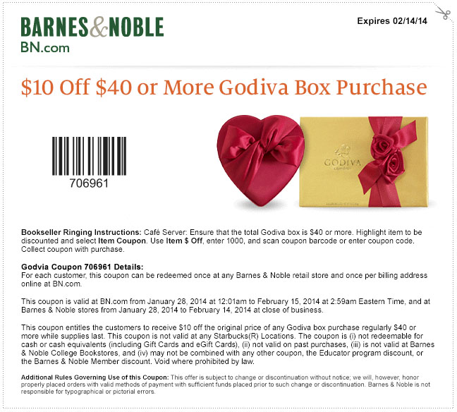 Barnes and Noble: $10 off $40 Godiva Printable Coupon