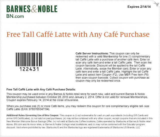 Barnes and Noble: Free Caffe Latte Printable Coupon