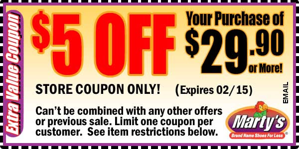 Marty's Shoes: $5 off $29.90 Printable Coupon