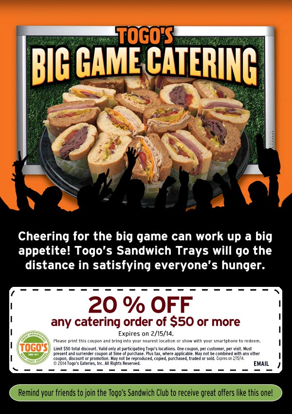 TOGO's: 20% off Catering Printable Coupon