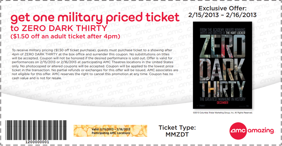 AMC Theaters: Military Priced Ticket Printable Coupon