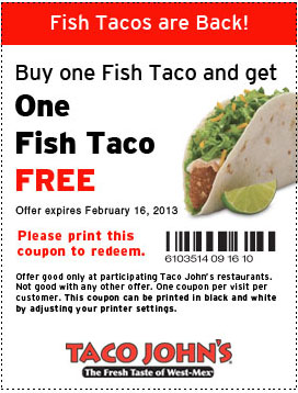 Taco Johns: BOGO Free Fish Taco Printable Coupon