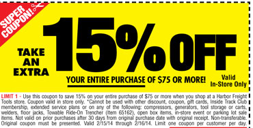 Harbor Freight Tools: 15% off $75 Printable Coupon