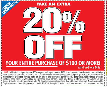 Harbor Freight Tools: 20% off $100 Printable Coupon